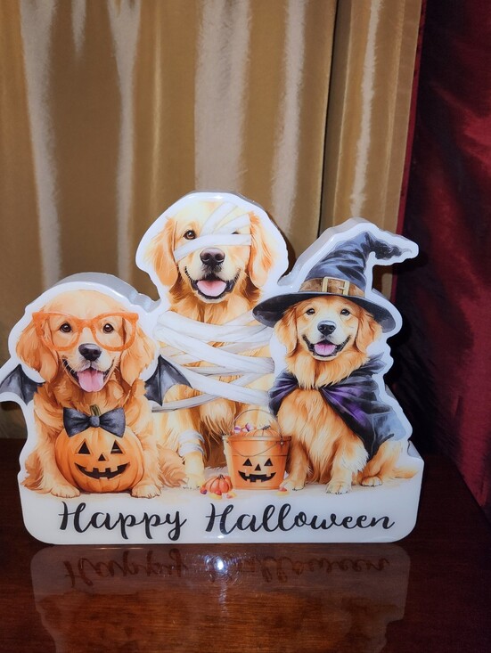 design USA Other - NWT Happy Halloween Golden Retriever Trio Sign 3D Wooden Stand Festive Dog Décor